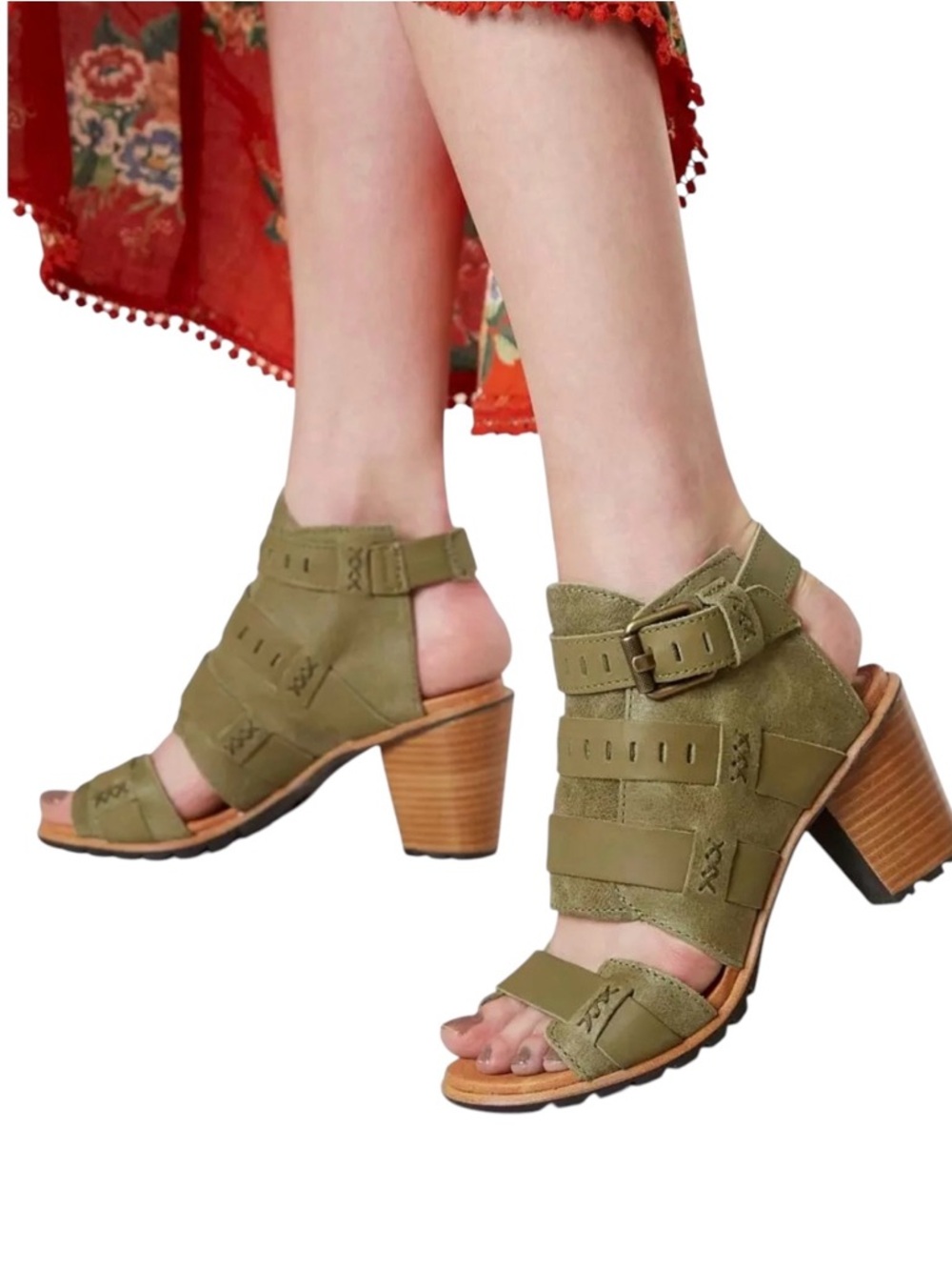 Sorel Nadia Olive Leather Strappy Open-Toe Women's Heeled Sandals.